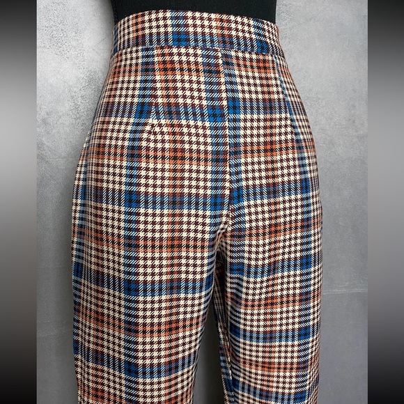 Burnt orange blue and beige gingham plaid trouser with side zipper - Picture 2 of 3